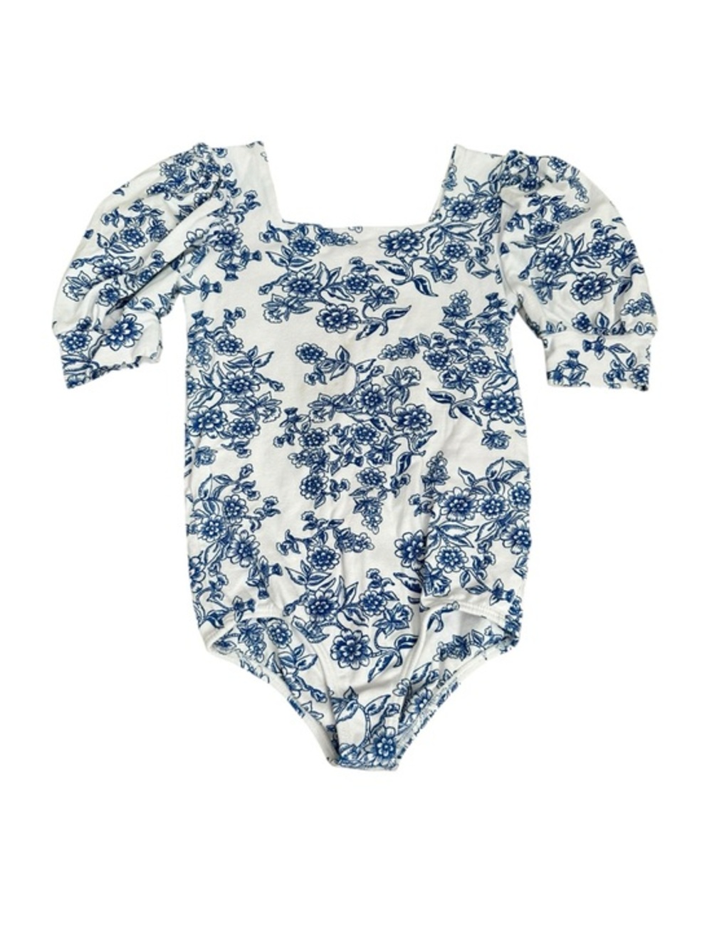 Girls White & Blue Floral Puff-Sleeve Tee Bodysuit